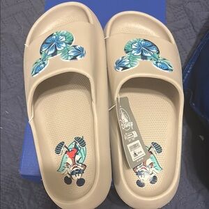 Disney Beige Mickey Mouse Floral Slide Sandals with Blue-Green Accents